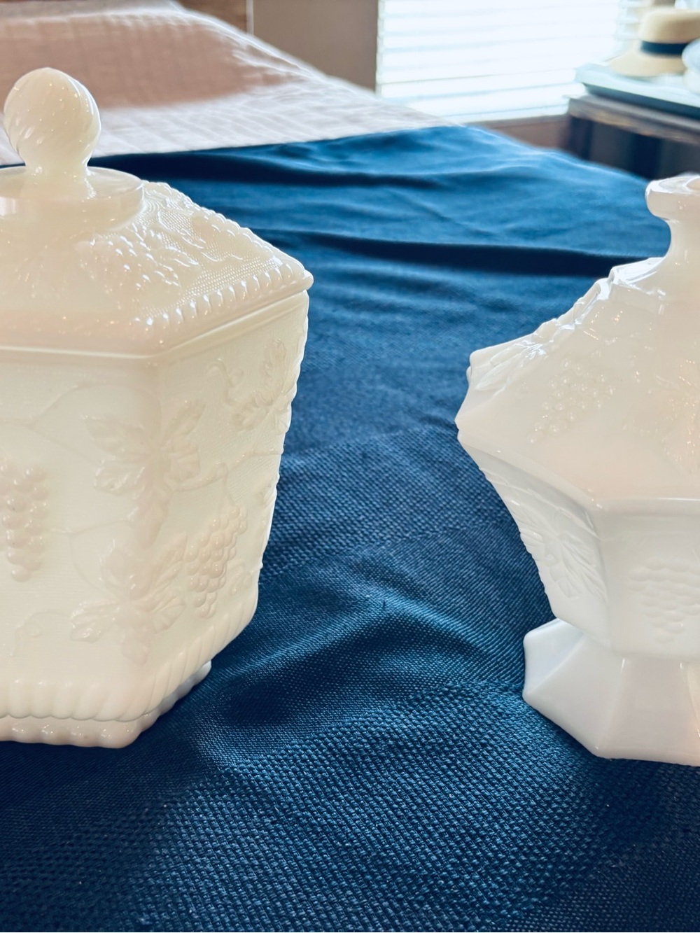 Fire King White Milk Glass Covered Candy/Cookie Jars with Grape Motif